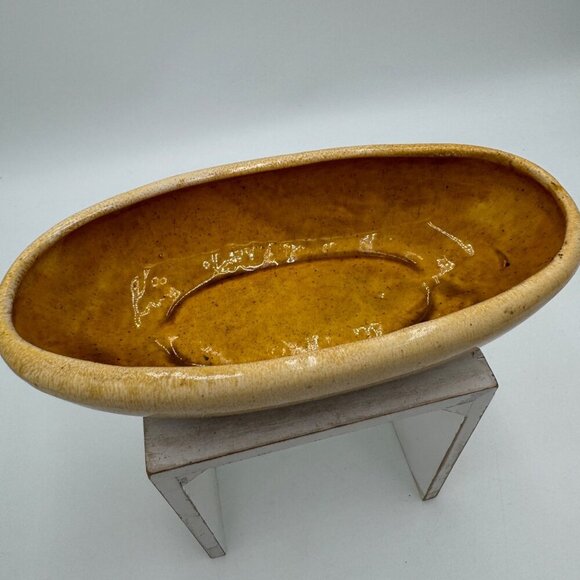 Rare Vintage 8.5” California USA Pottery Oval Planter gold yellow white drip gla - Picture 5 of 13